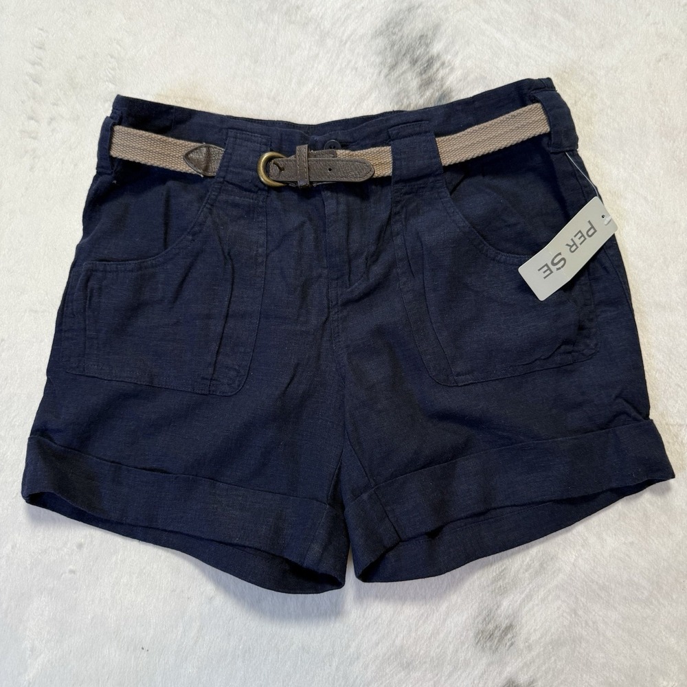 Per Se Shorts Womens Size 4 Navy Blue Linen Blend Belted Pockets Cuffed